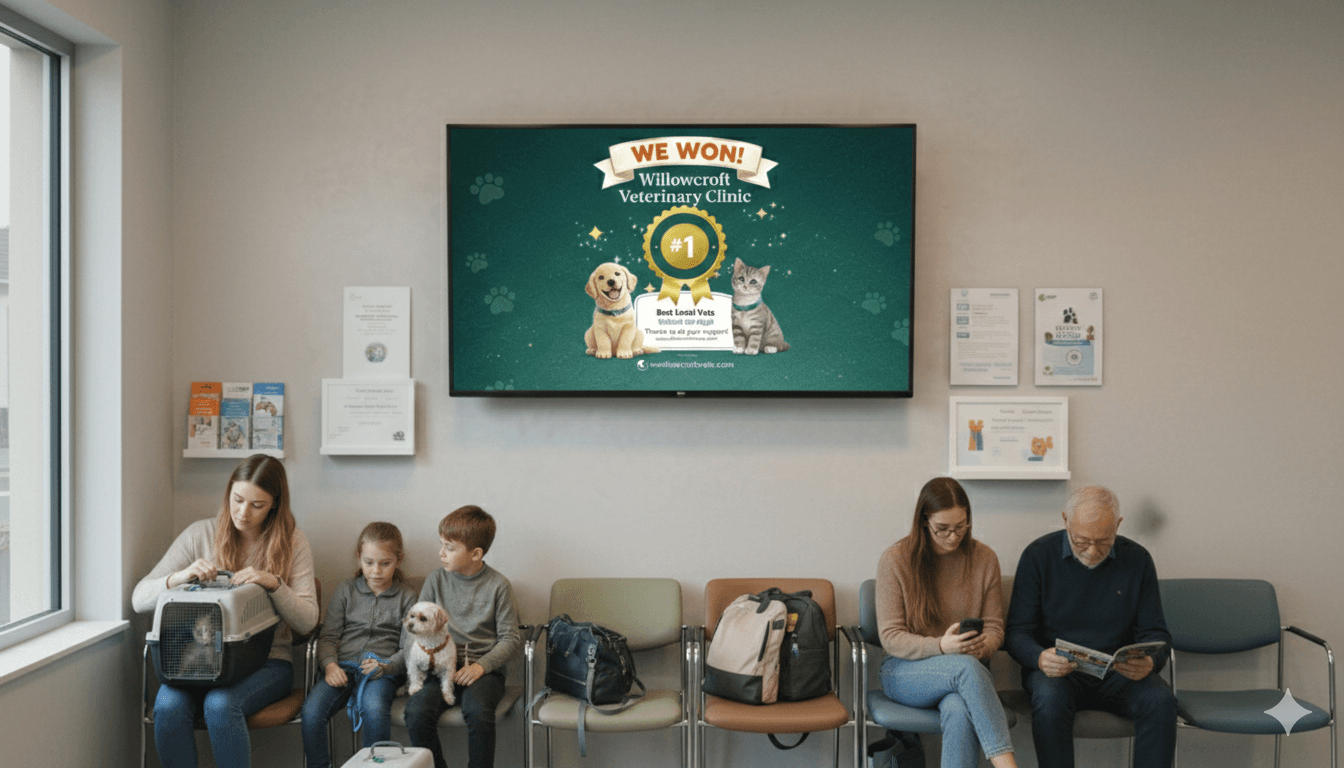 Veterinary clinic TV display showing award